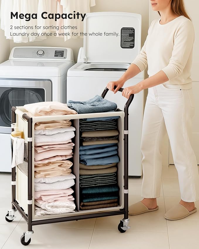 SOLEDI Laundry Basket with Wheels, 38 Gallons Laundry Hamper 2 Section - Image 3