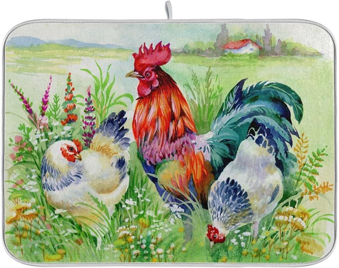 Rural Grass Chicken Rooster Easter Absorbent Dish Drying Mat Microfiber Kitchen by Unknown