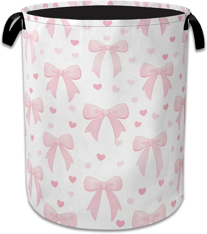 Cute Pink Bow Laundry Basket, Foldable Oxford Cloth Heart Laundry Hamper by Unknown
