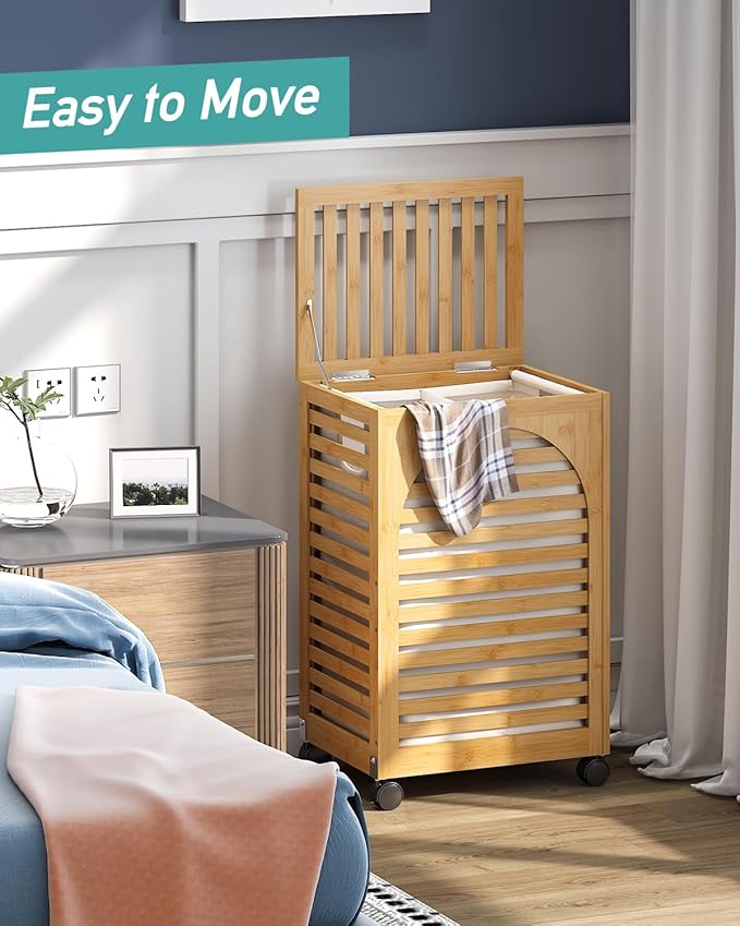 Laundry Hamper with Wheels, Laundry Basket with Lid, 22.5Gallon Bamboo Wood - Image 5
