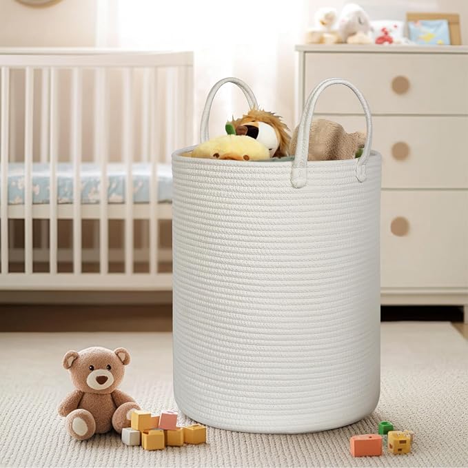 Large White Laundry Basket, XL Cotton Rope Toy Bin - Image 5