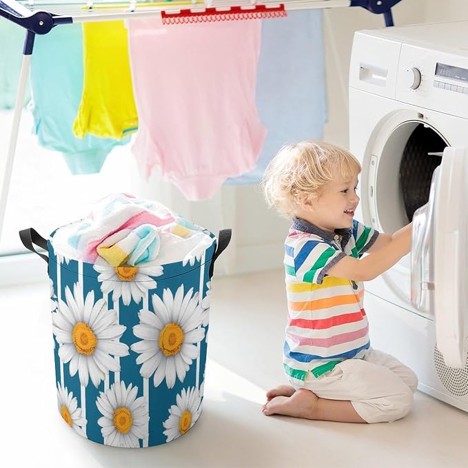 Daisy Stripes Round Laundry Bag Collapsible Storage Hamper Basket - Image 7