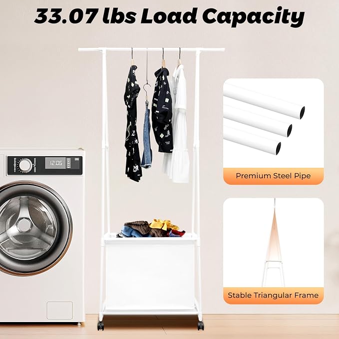 Laundry Cart with Hanging Rack, Fabric Laundry Hamper with Wheels, Small - Image 5