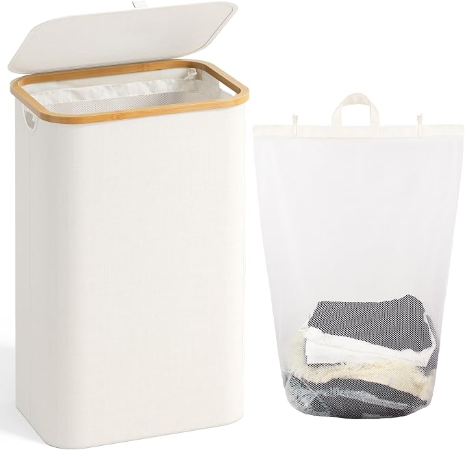 100L Laundry Hamper with Lid, Large Laundry Basket with Bamboo Handles by Bathola