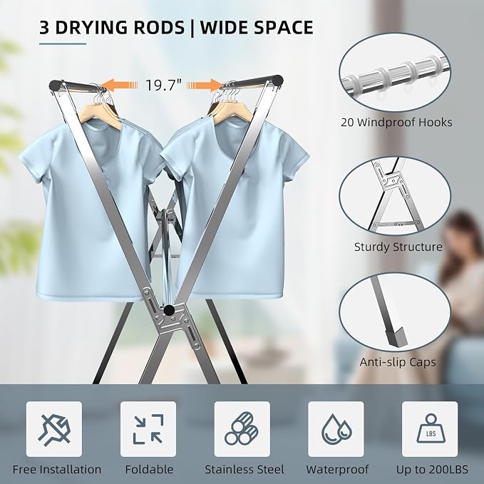 Clothes Drying Rack, Heavy Duty Stainless Steel Garment Rack, Adjustable and - Image 2
