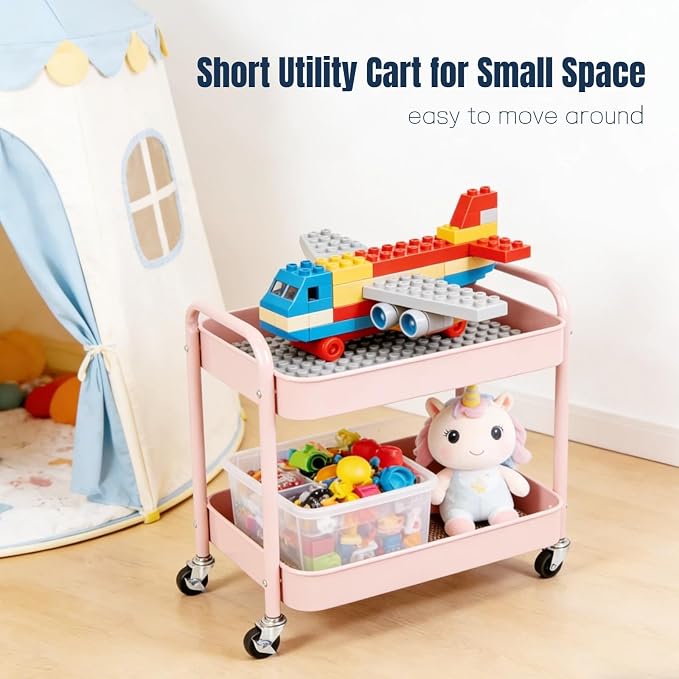 2 Tier Pink Rolling Cart with Wheels - Image 4