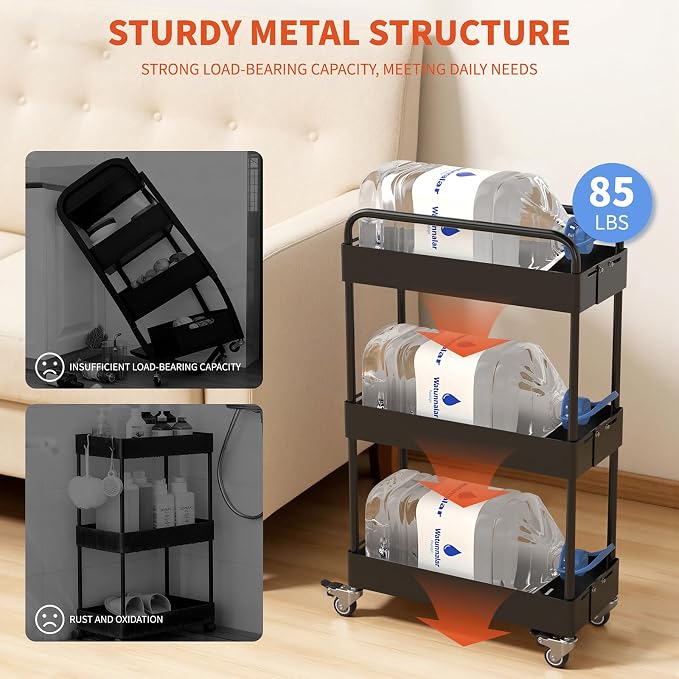 HOTEAGLE 3-Tier Rolling Cart Metal Expandable Utility Carts - Image 5