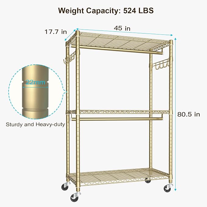 FUTASSI P1 Plus Rolling Clothes Rack, 22mm Diameter Heavy Duty Garment Rack - Image 3