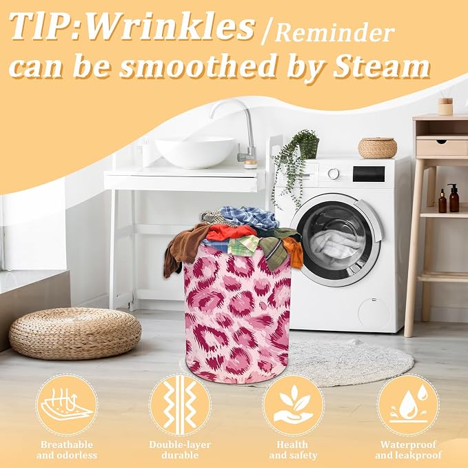 Pink Leopard Print Laundry Basket, Animal Skin Laundry Hamper Foldable - Image 5