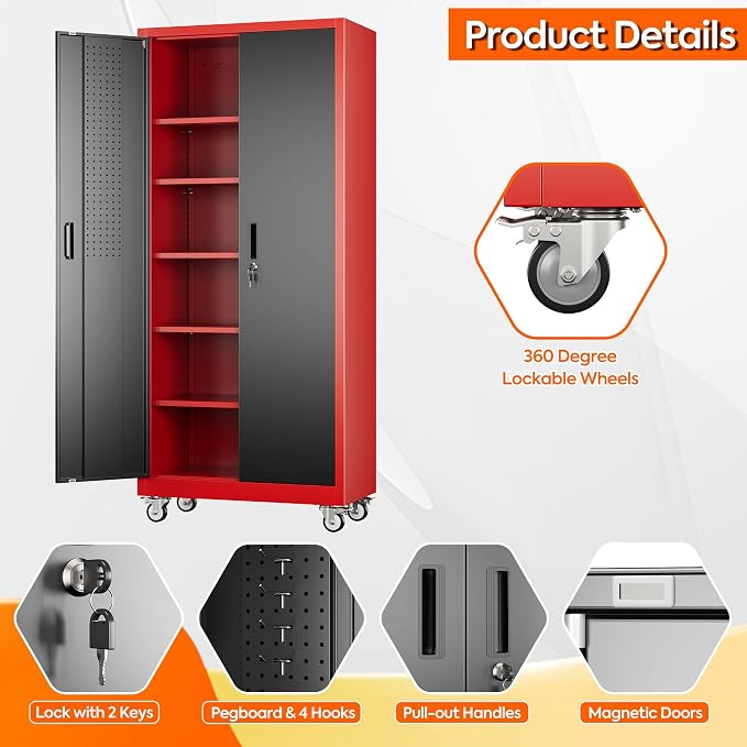 Garage Storage Cabinet with Wheels and Pegboard, Assembly Required - Image 9