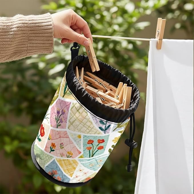 Clothespin Bag Holder Outside, Patchwork Floral Print Multiple Hanging Methods - Image 4