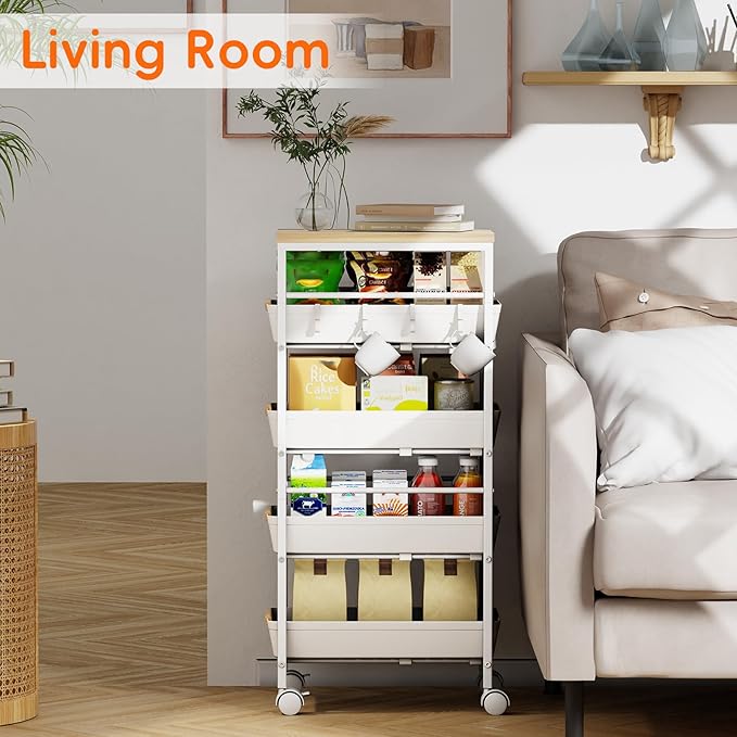 5-Tier Kitchen Storage Cart, Wood Top Rolling Cart Organizer - Image 4