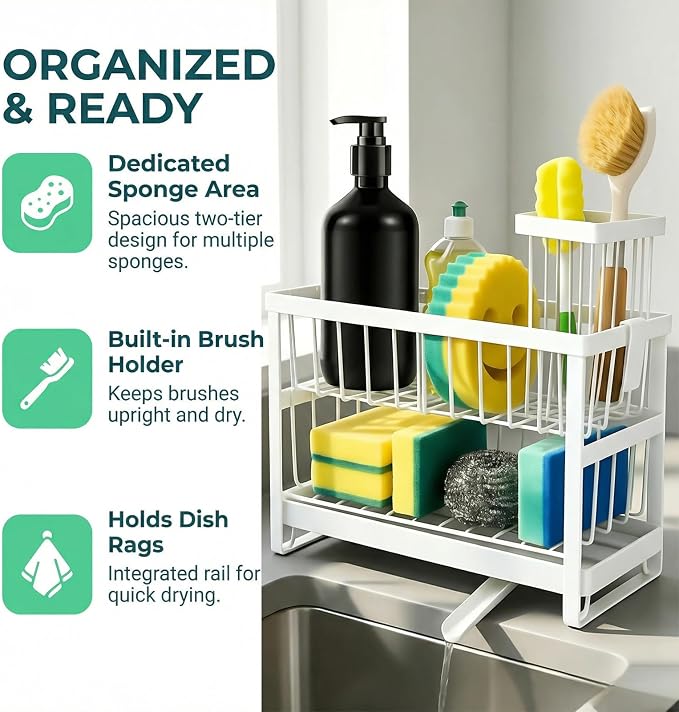 2-Tier Sponge Holder for Kitchen Sink, Self-Drain Caddy - Image 4