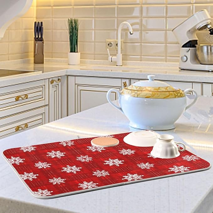 White Snowflake Pattern on Red Dish Drying Mat Super Absorbent Drying Mat 18x24 - Image 6