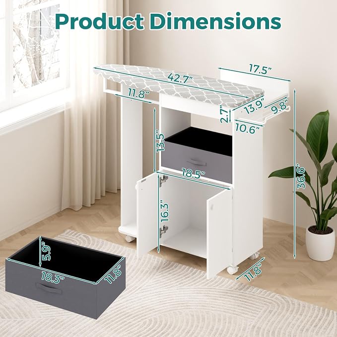 Rolling Ironing Board with Storage Cabinet, Wooden Ironing Board Cabinet with - Image 2