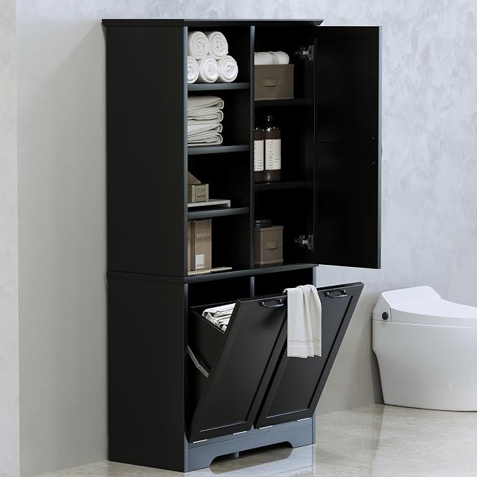 Merax Cabinet with Tilt-Out Laundry Hamper Basket, Tall Bathroom Storage - Image 3