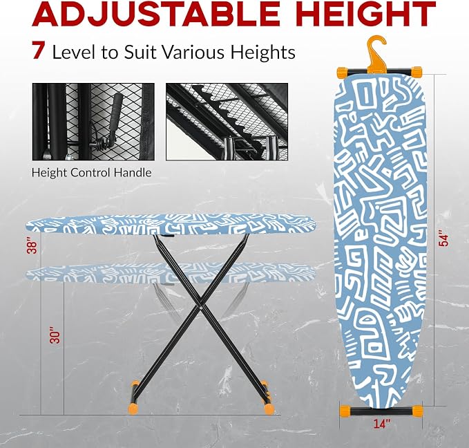 Large Ironing Board Full Size 54x14, RAINHOL Height Adjustable Steel Frame Iron - Image 2