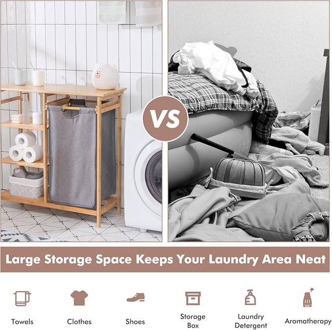 Giantex Bamboo Laundry Hamper Stand, Freestanding Laundry Organizer w/Removable - Image 8
