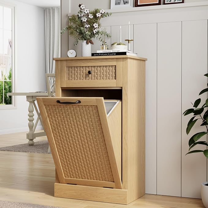Tilt Out Laundry Hamper Cabinet, Rattan-Style Laundry Room Organization - Image 4