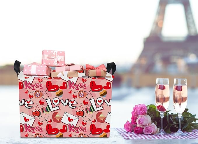 Rectangular Heart Print Storage Basket Empty, Collapsible Gift Basket - Image 3