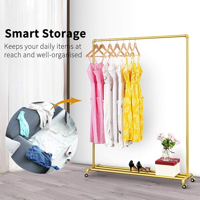 BOSURU Rolling Gold Clothing Racks on Wheels, Retail Display Industrial Pipe - Image 3
