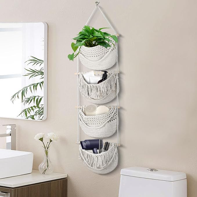 4 Tier Hanging Fruit Basket for Kitchen, 4 Pack Detachable Cotton Crocheted - Image 4