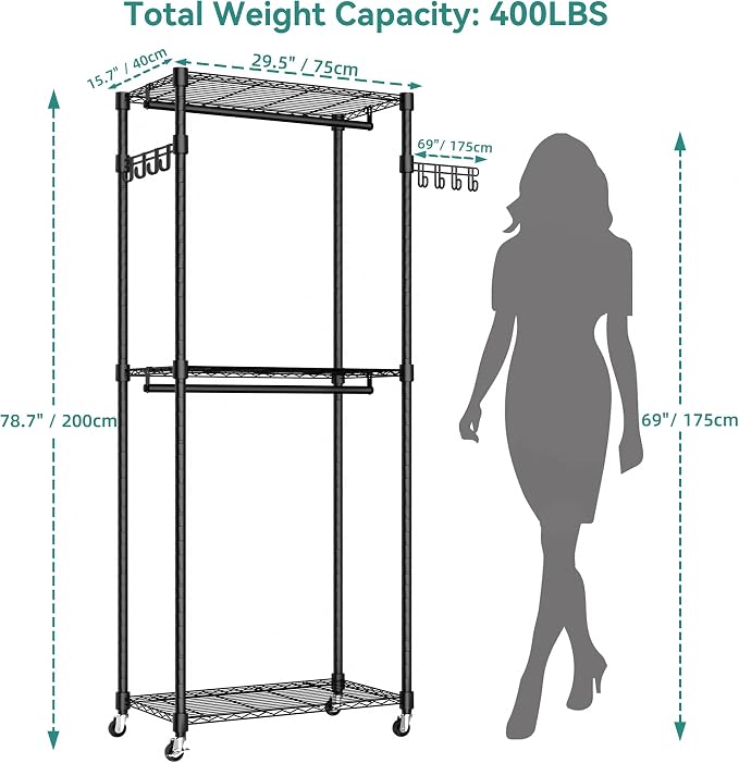 Heavy Duty Rolling Garment Rack, 3 Tiers Wire Shelves Adjustable Freestanding - Image 2