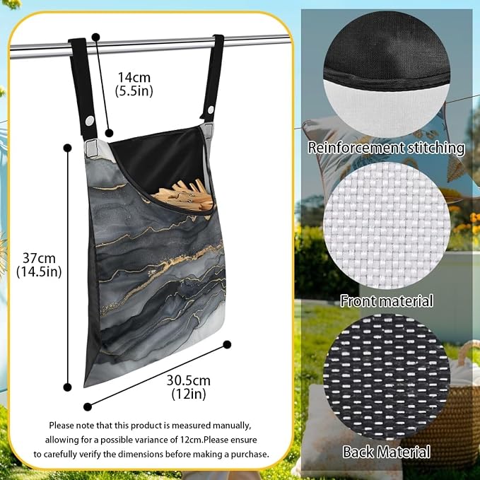 Black Marble Clothespin Bag Large Capacity Hanging Storage Reusable Dust-Proof - Image 6