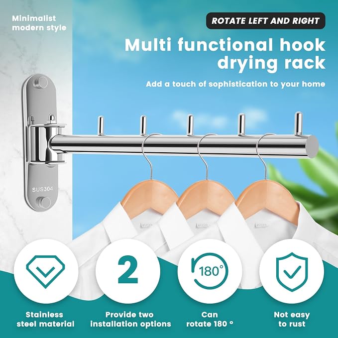 Wall Mounted Clothes Hanger Rack Swing Arm, Folding Clothes Hanger Space Saving - Image 8