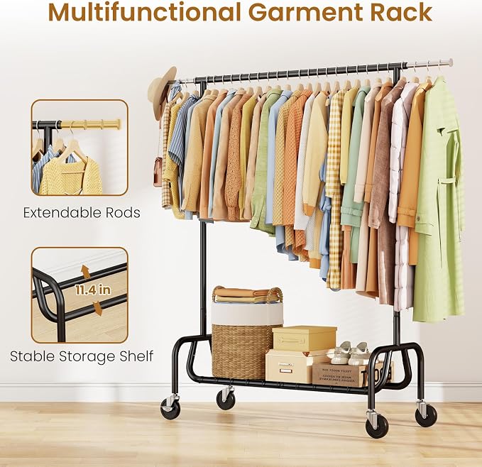 Heavy-duty Clothing Rack with Wheels, Rolling Clothes Rack with Shelf, Clothes - Image 3