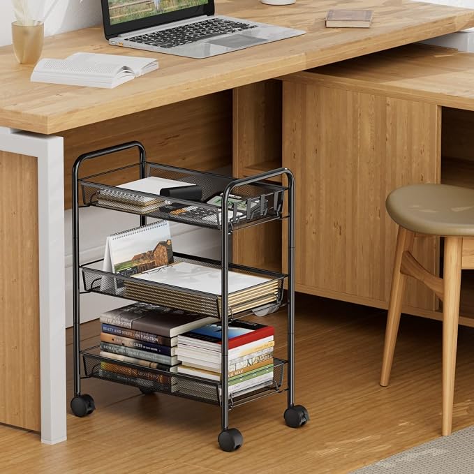 OVICAR Mesh Wire 3 Tier Rolling Cart, Kitchen Storage Utility Cart, Full Metal - Image 3
