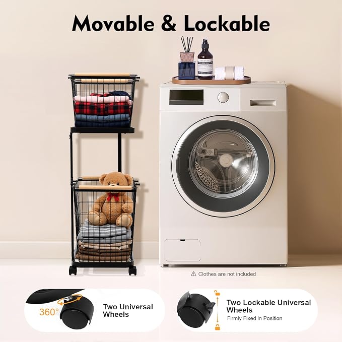 2 Tier Laundry Basket, Removable Metal Wire Laundry Cart - Image 6