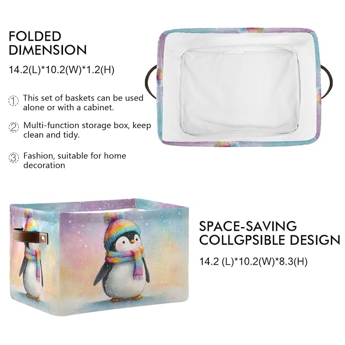 Christmas Penguin Rainbow White Print Rectangular Storage Bin Basket - Image 2