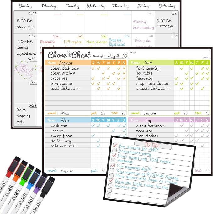 Magnetic Dry Erase Chore Chart and Calendar Bundle by JJPRO