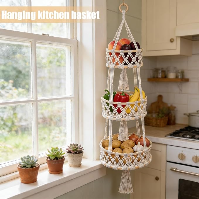 3 Tier Hanging Fruit Baskets for Kitchen, Macrame Plant Hanger Cotton Rope - Image 4