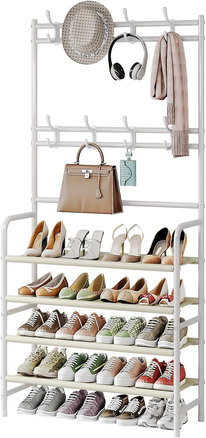 Coat Rack Shoe Rack With Storage Shelf Freestanding with 8 Hooks by YIZAIJIA