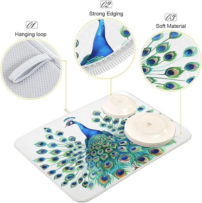 Vivid Pattern Extra Large Kitchen Dish Drying Mat, Elegant Peacock Spreads Tail - Image 3