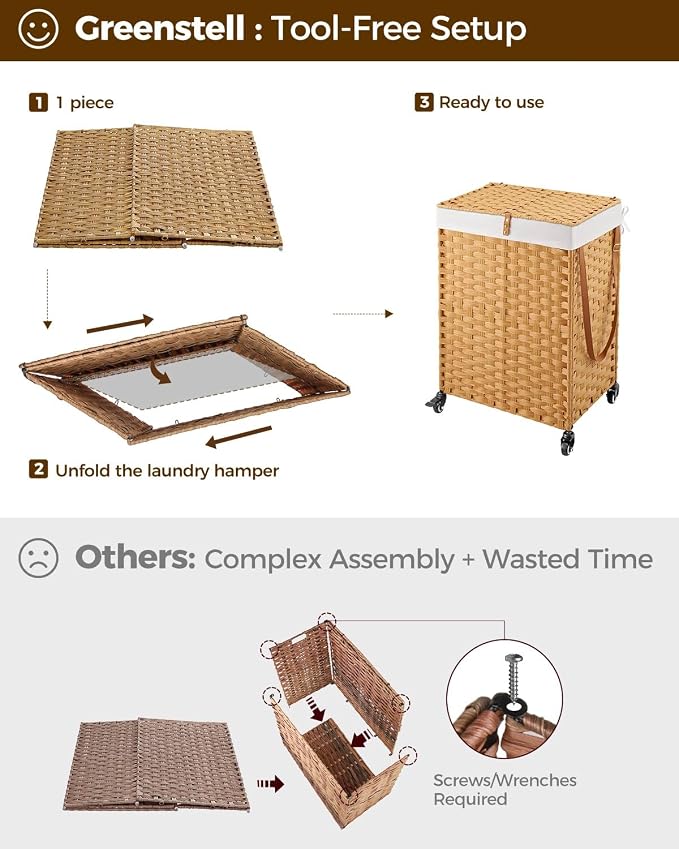 Greenstell Laundry Hamper with Wheels, No Install Needed, 90L Divided Handwoven - Image 7