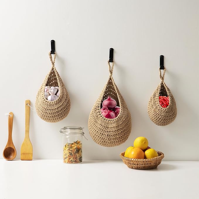 Hanging Fruit Large Basket Set of 3, Boho Wall Hanging Storage Basket - Image 5