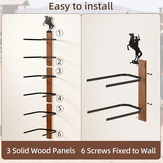 Cowboy Hat Rack for Wall – 3-Piece Wooden & Metal Western Hat Holder, Rustic - Image 4