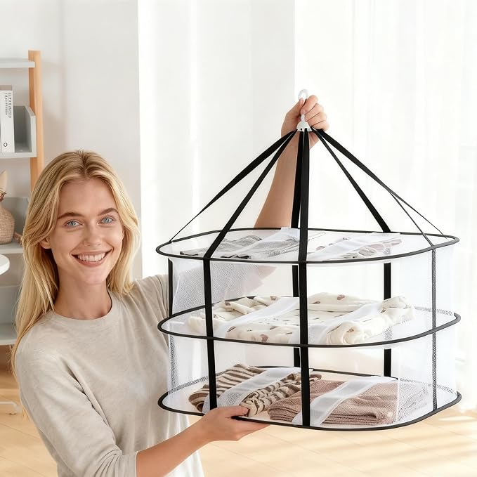 3-Tier Folding Mesh Clothes Drying Rack, Stackable Sweater Dryer Rack - Image 2