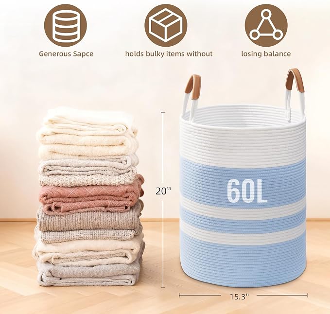 60L Striped Laundry Basket, Woven Cotton Rope Storage Bin - Image 4