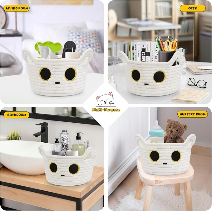 Small Storage Cute White Cat Cotton Rope Woven Basket - Image 2