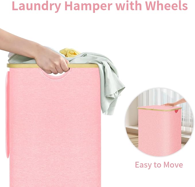 100L Pink Laundry Hamper on Wheels, Large Laundry Hamper - Image 5