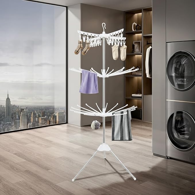 3-Tier Foldable Clothes Drying Rack, Rotating Clothing Rack w/Three-Legged Base - Image 8