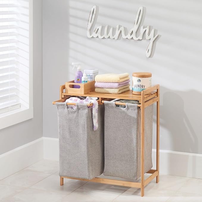 mDesign Freestanding Bamboo 2 Section Double Laundry Organizer Hamper - Image 3