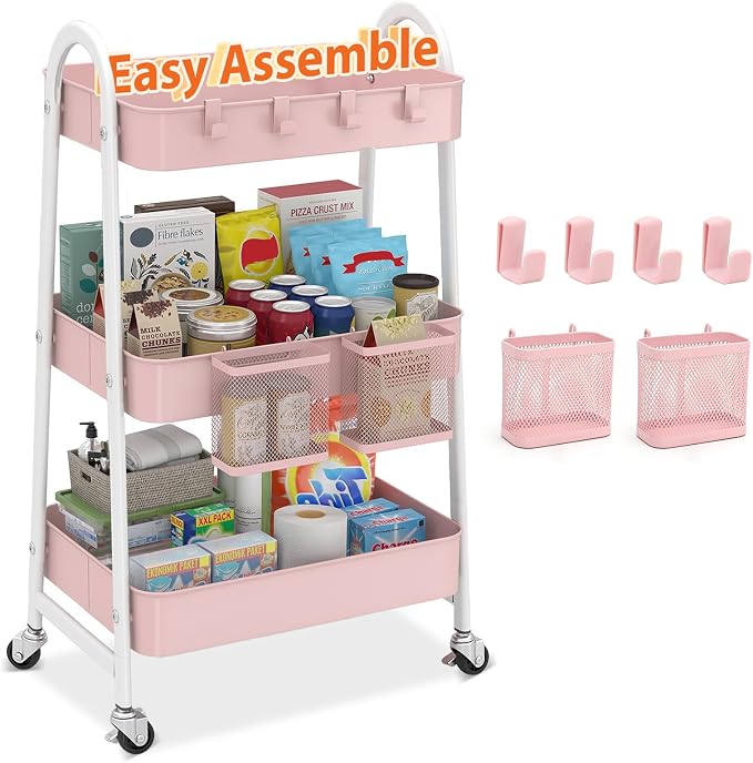 Sekey 3 Tier Rolling Cart, Hanging Cups, Heavy Duty Mesh Rolling Storage Cart by Sekey