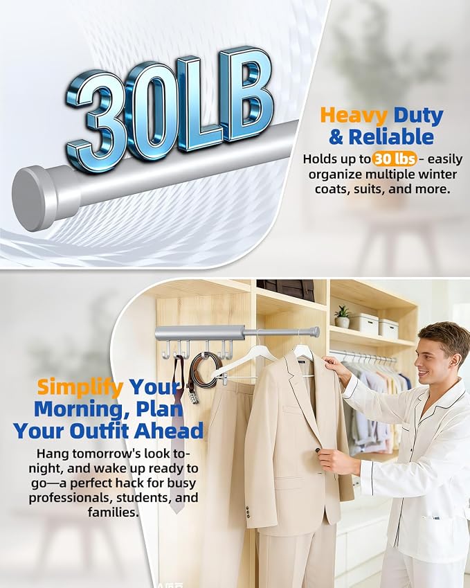 12 Inch Valet Rod for Closet Pull Out, Retractable Clothes Hanger - Image 2