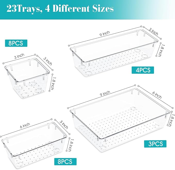 23 PCS Clear Plastic Drawer Organizers Set, 4 Size Desk Drawer Organizer Trays - Image 2