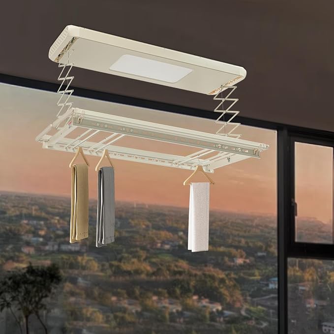 Electric Retractable Airing Rack Off-White Color, Ceiling Clothesline 77lbs Load - Image 7